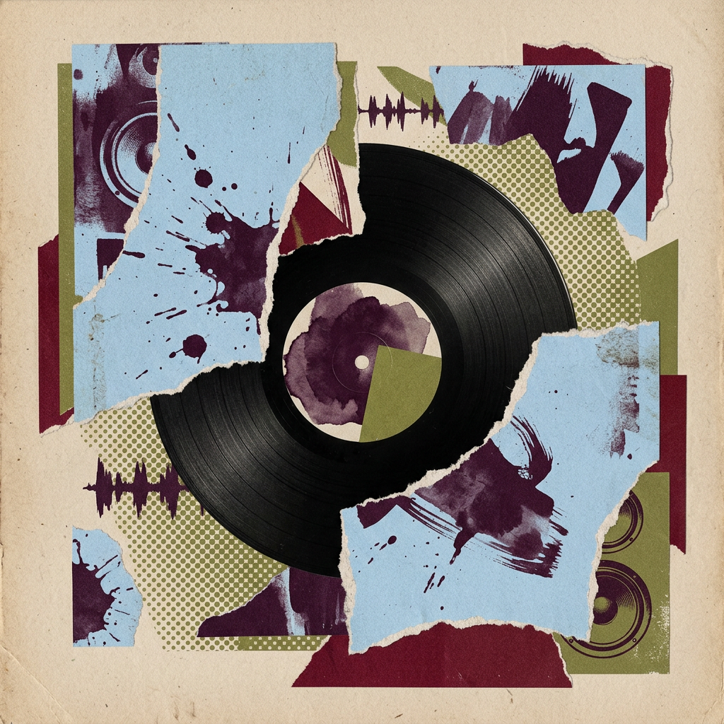 Handcrafted editorial artwork with a vinyl record