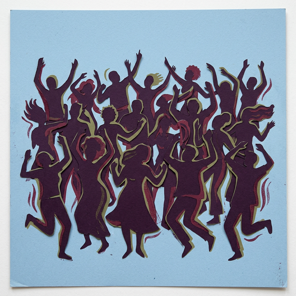 Paper cutout crowd artwork in calm rich colors