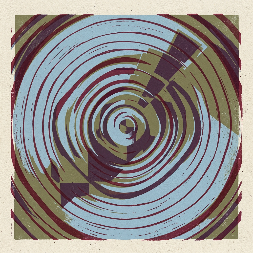 Abstract turntable artwork in powder blue, plum and burgundy
